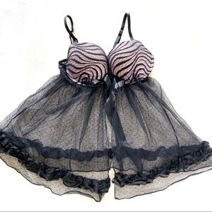 Victoria's Secret Pink and Black Mesh Babydoll Chemise